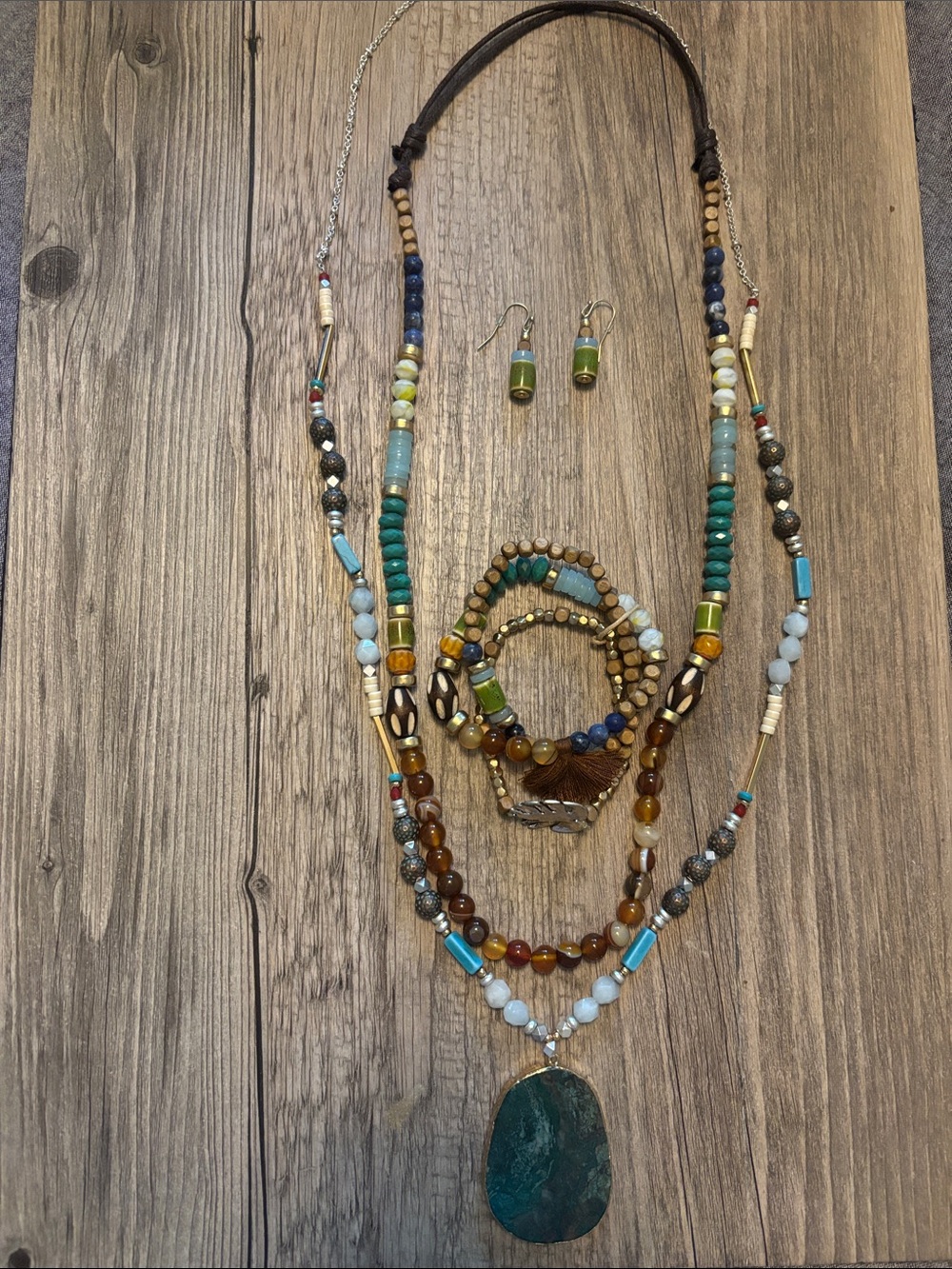 J. Jill Teal, Turquoise, Brown and Gold Layered Bead Necklace Set